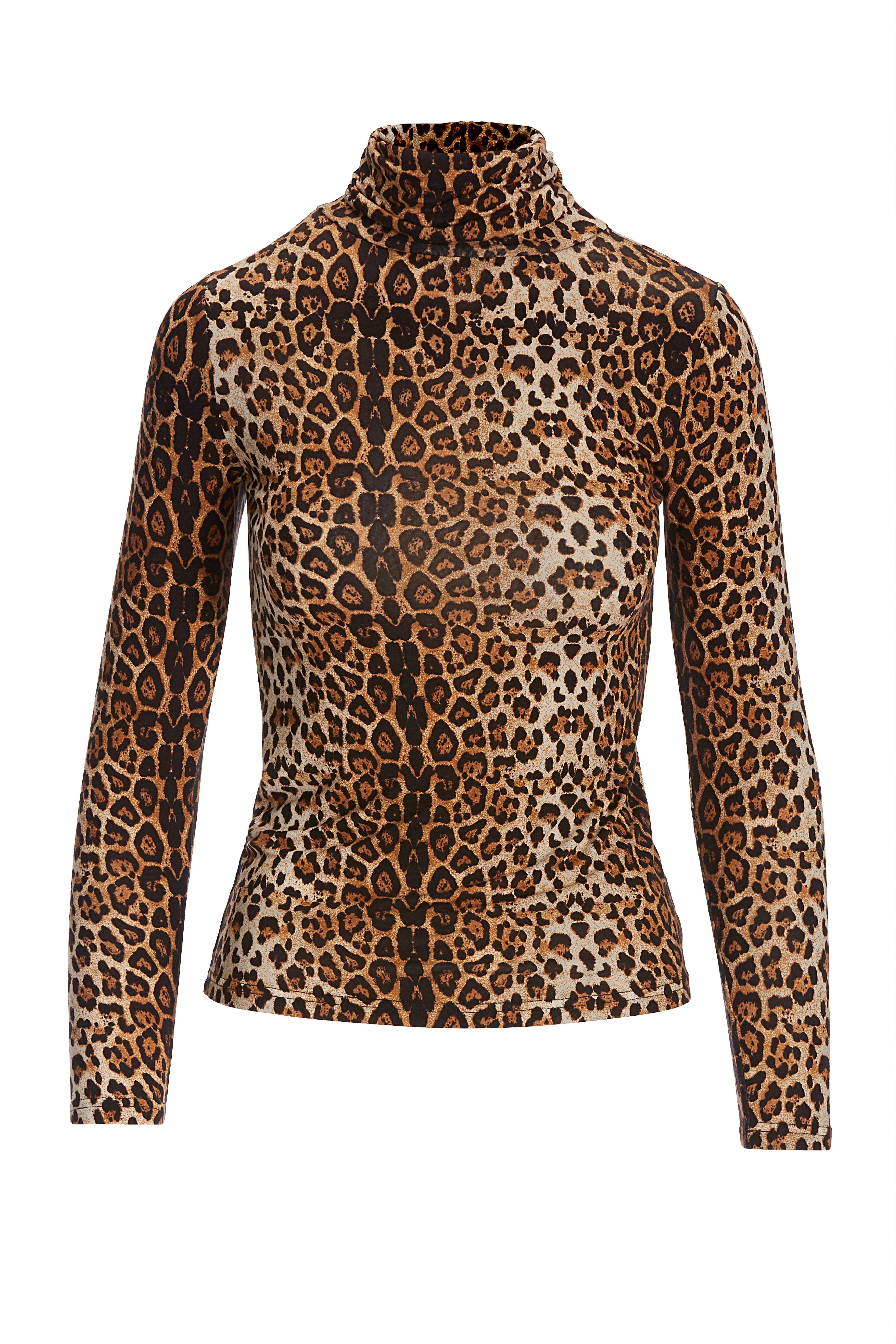 Women Ladies Animal Leopard Print Long Sleeve Turtle Polo High Neck T Shirt Top